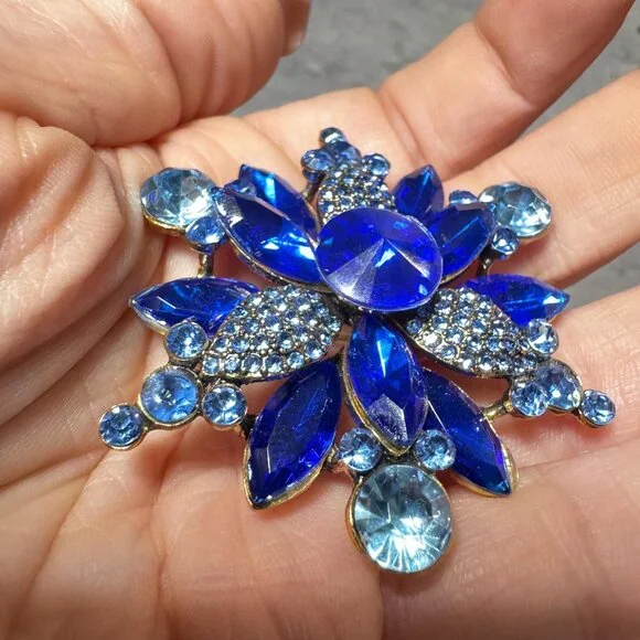 Floral Snowflake Rhinestone Statement Brooch Vintage Blue Pin 2” - Picture 5 of 8